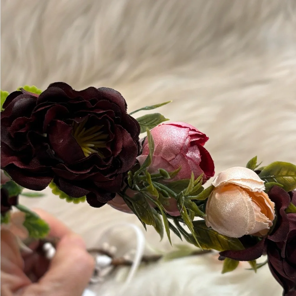 Floral Headband with Pink and Burgundy Roses photo prop wedding accessory